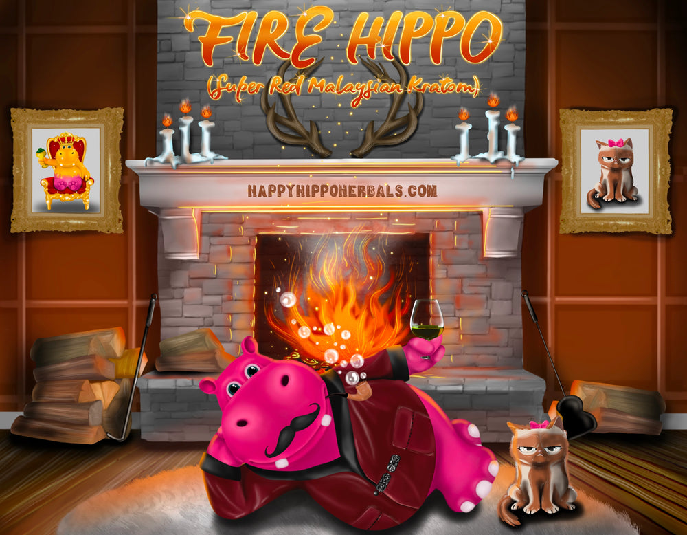 Graphic designed image depicting Puddles the Hippo sitting in front of a fireplace with a glass of kratom tea made from Red Malay Kratom Powder (Fire Hippo), feeling relaxed kratom effects and relief from discomfort