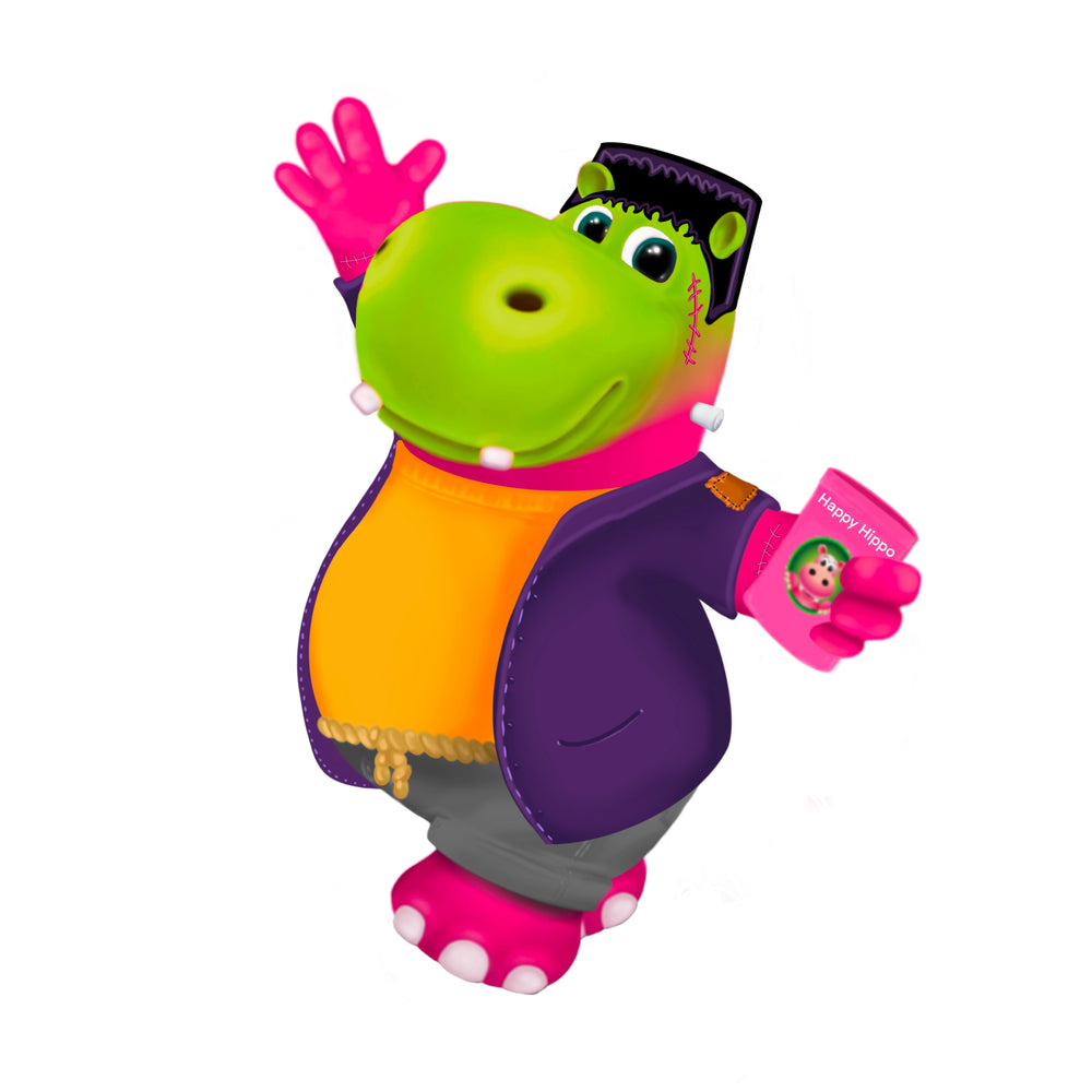 Graphic Designed image depicting Puddles the Hippo character dressed up as Frankenstein, and holding a packet of Happy Hippo brand Kratom Powder