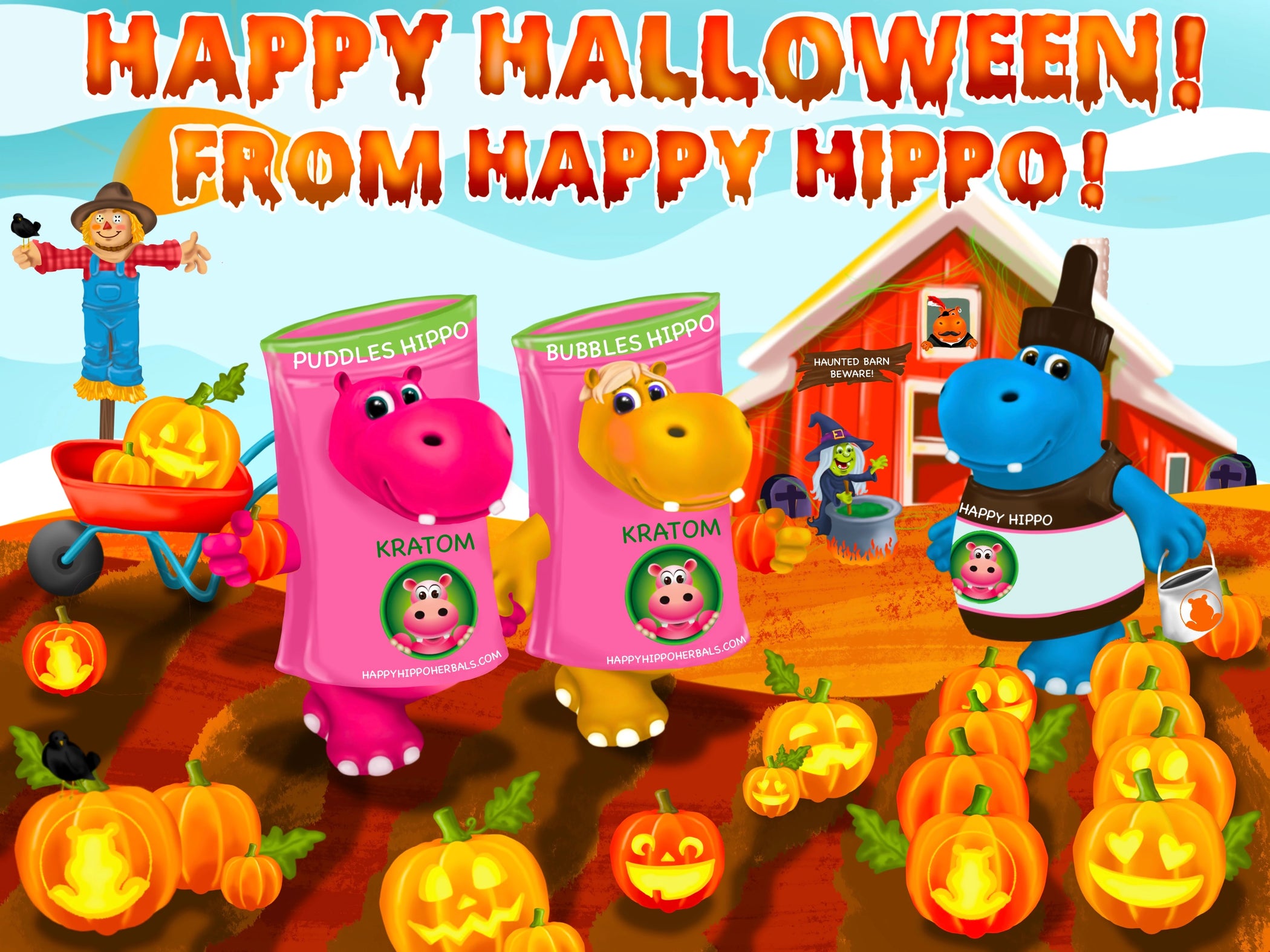 Graphic Designed image depicting Puddles and Bubbles the Hippo characters celebrating Halloween while enjoying a field of carved jack-o-lanterns. Both Puddles and Bubbles are wearing costumes of Happy Hippo brand kratom powder!