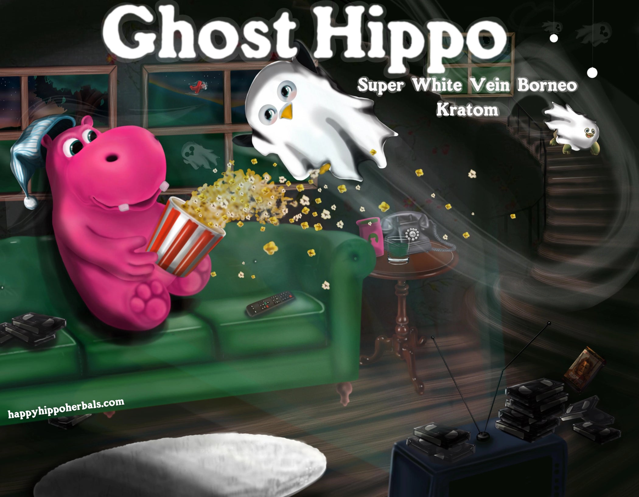 Graphic Designed image depicting Puddles the Hippo using White Borneo Kratom Powder (Ghost Hippo), while enjoying a happy mind and watching a scary movie