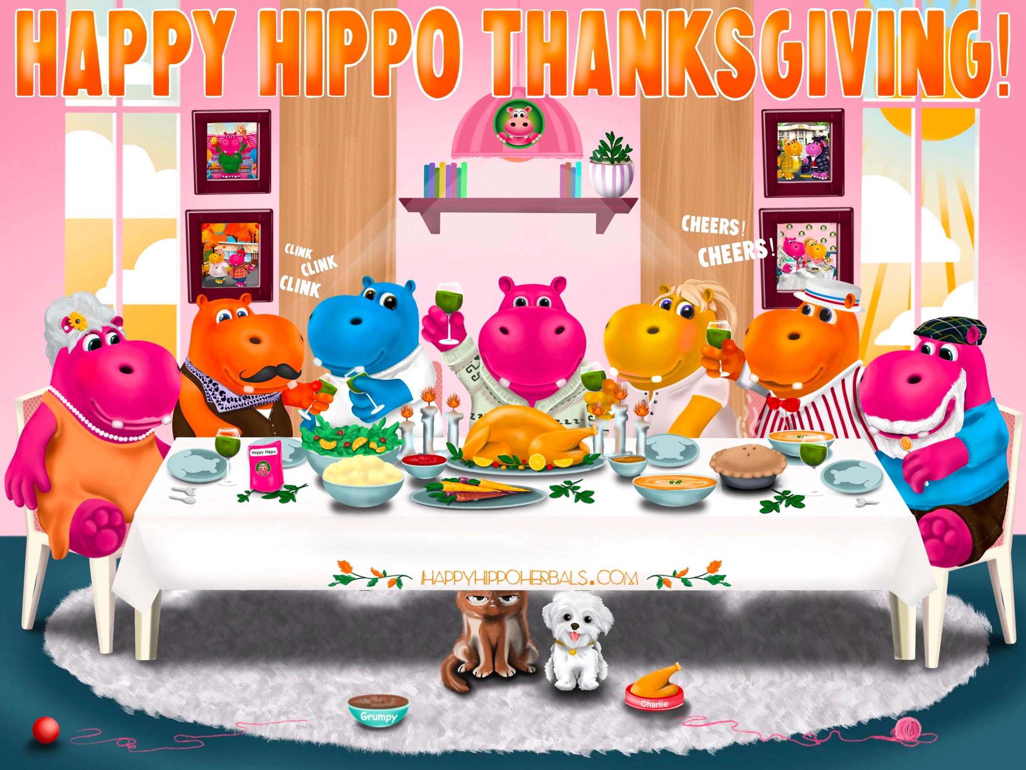 Graphic Designed image depicting Puddles and Bubbles the Hippo characters celebrating Thanksgiving with all of their Hippo friends. The entire group of hippos sit at a long table, set with an array of delicious food, and Happy Hippo brand kratom tea!