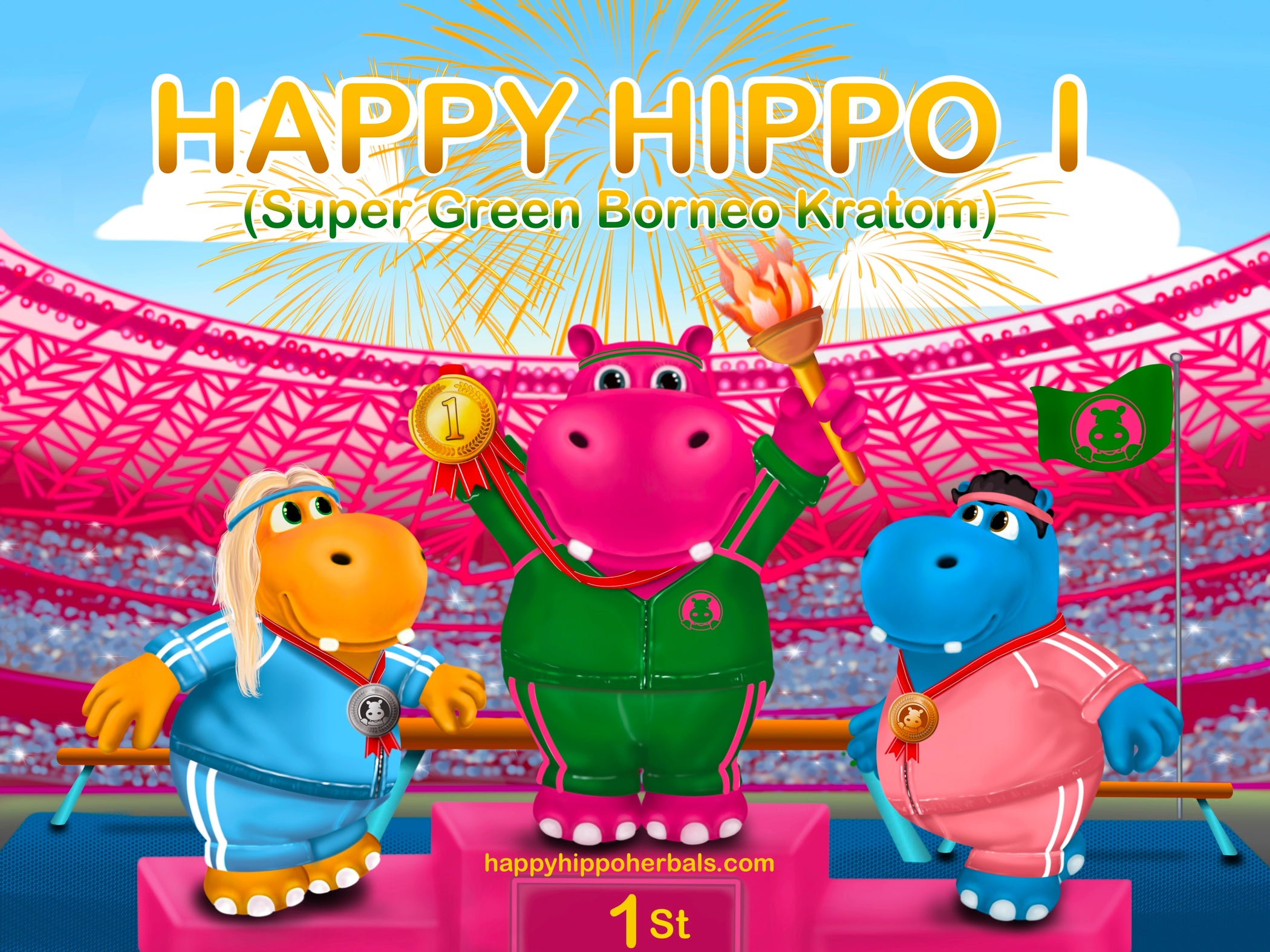 Graphic Designed image depicting Puddles the Hippo in a track suit using Green Borneo Kratom Powder (Happy Hippo I), while feeling balanced kratom effects and a calm, zen mentality