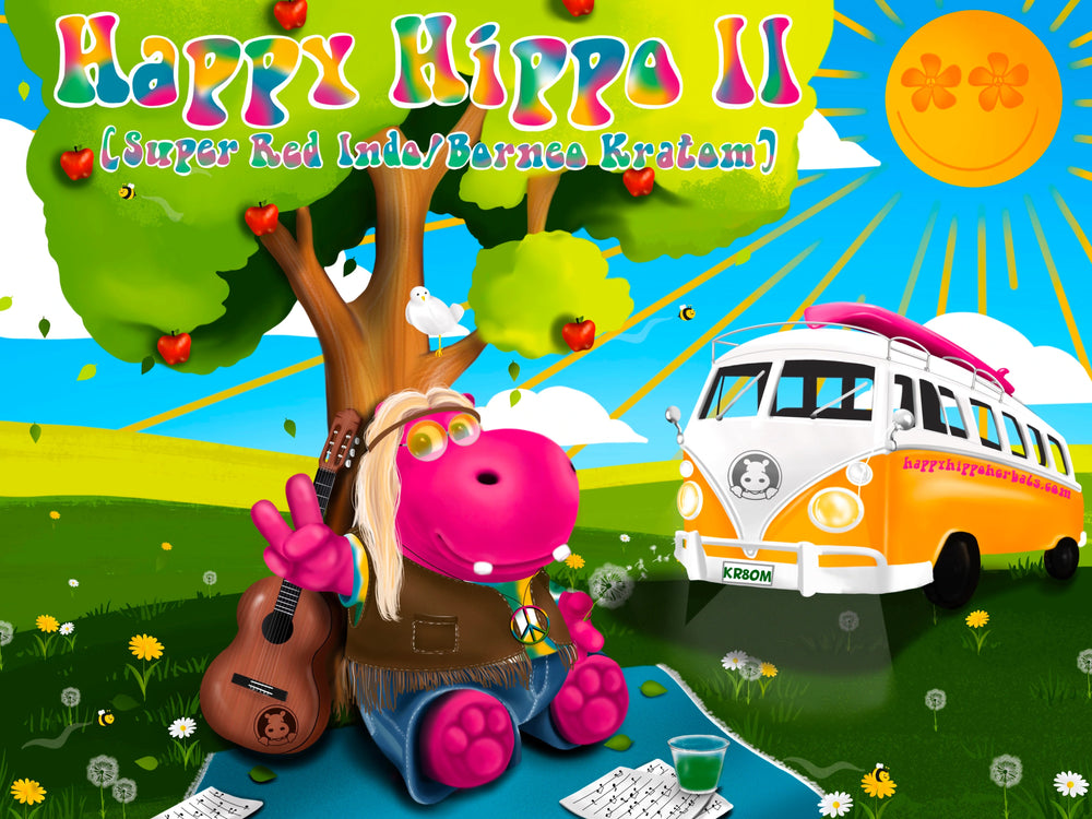 Graphic Designed image depicting Puddles the Hippo flashing a peace-sign next to a microbus using Red Borneo Kratom Powder (Happy Hippo II), while feeling balanced kratom effects, and enjoying the day with a happy mind