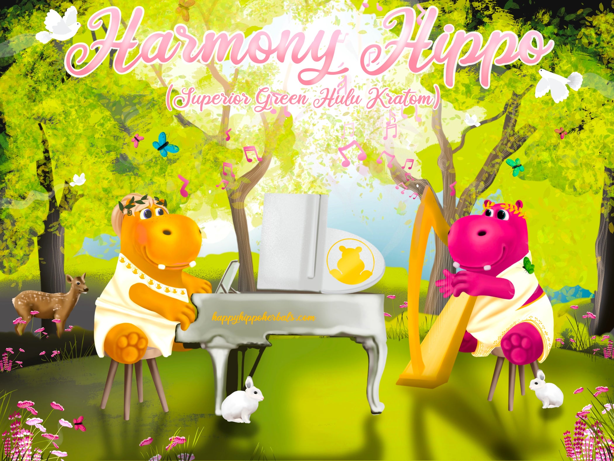 Graphic Designed image depicting Puddles the Hippo playing harmonious music with a friend while using Green Hulu Kratom Powder (Harmony Hippo), and feeling the effects of a happy mind and relief from physical discomfort