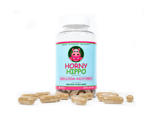 Product image depicting a bottle of Horny Hippo Capsules for libido and improved sexual health, with several loose capsules scattered around the base of the bottle