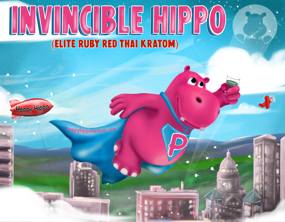 Graphic Designed image depicting Puddles the Hippo wearing a superhero cape and flying through the sky with a glass of kratom tea made from Red Thai Kratom Powder (Invincible Hippo)