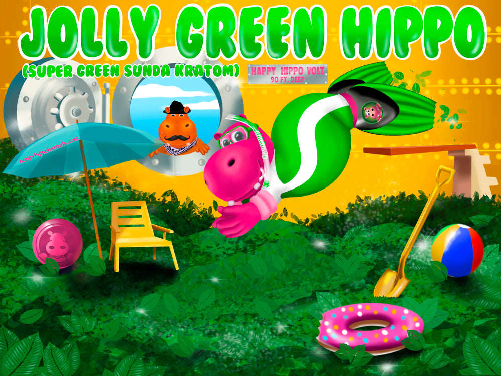 Graphic Designed image depicting Puddles the Hippo wearing a green wetsuit and diving into a swimming pool filled with green sunda kratom powder (Jolly Green Hippo)