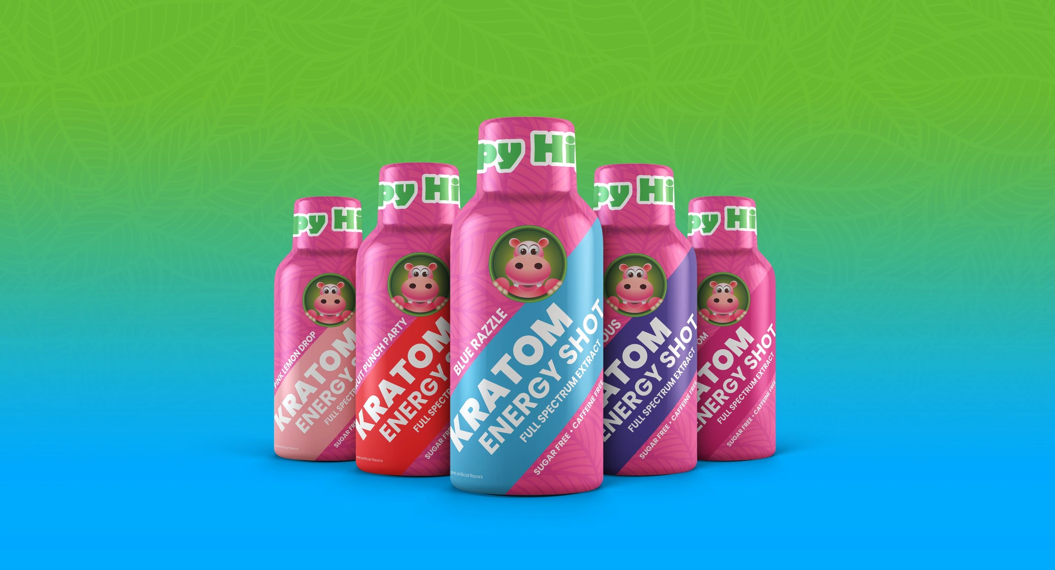 Photographic image depicting Happy Hippo branded kratom shot bottles against a gradient background of green to blue - There are 5 kratom shot bottles arranged like bowling pins; each of which correspond to the different flavors - Blue Razzle, Cherry PomPom, Pink Lemon Drop, Berry PomPom, Grapelicious, Fruit Punch Party