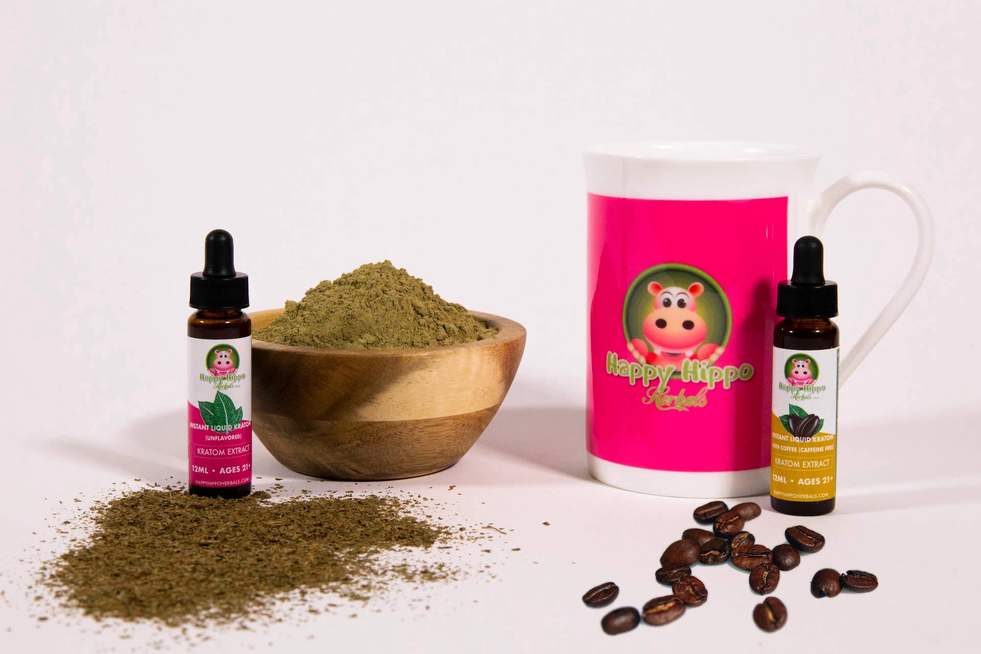 Product image depicting two dropper bottles of Happy Hippo Herbals brand Liquid Kratom Extract - One bottle is unflavored, while the other bottle is coffee flavor