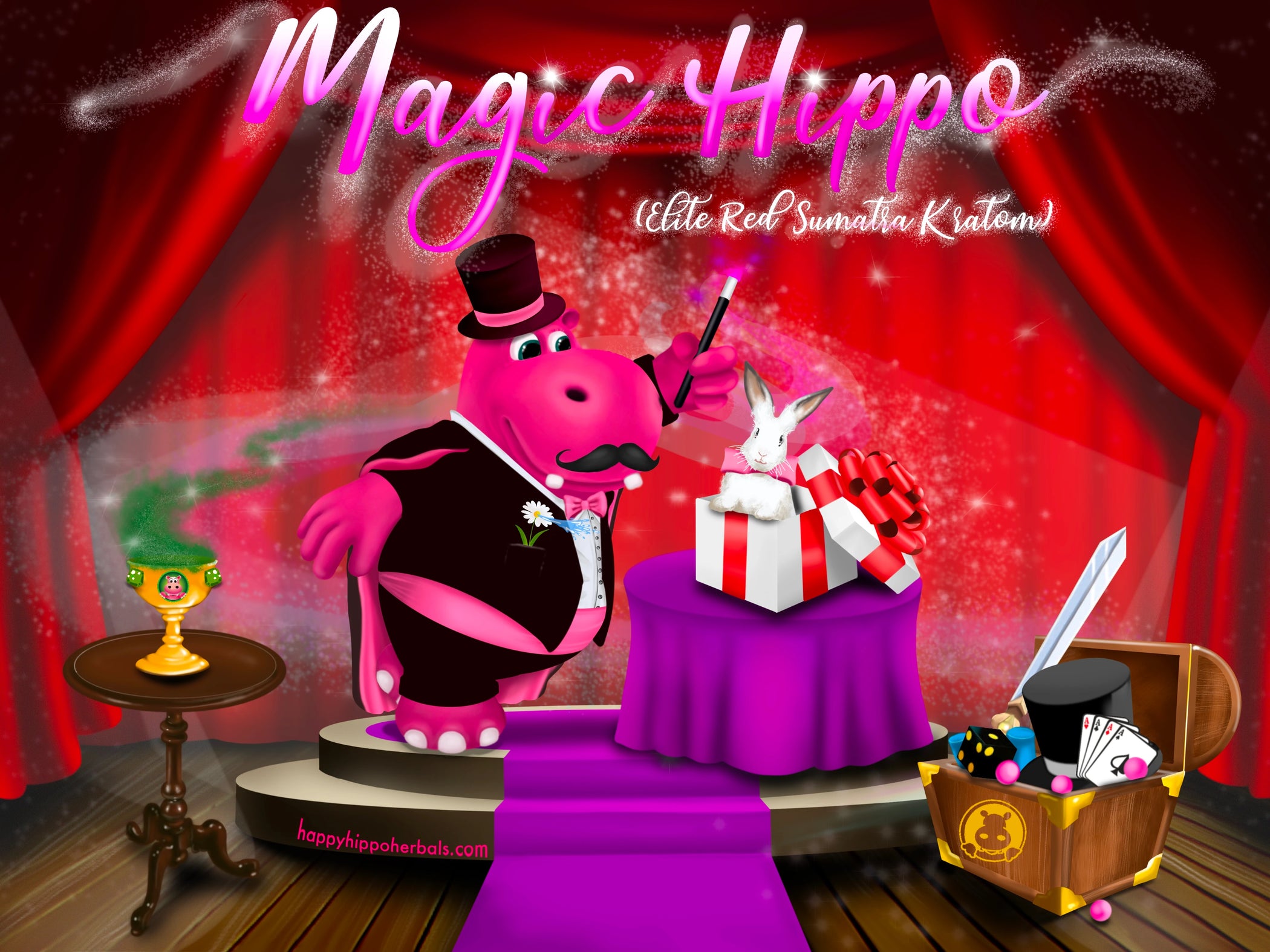 Graphic Designed image depicting Puddles the Hippo wearing a tuxedo and performing magic with a goblet of Red Sumatra Kratom Powder (Magic Hippo)