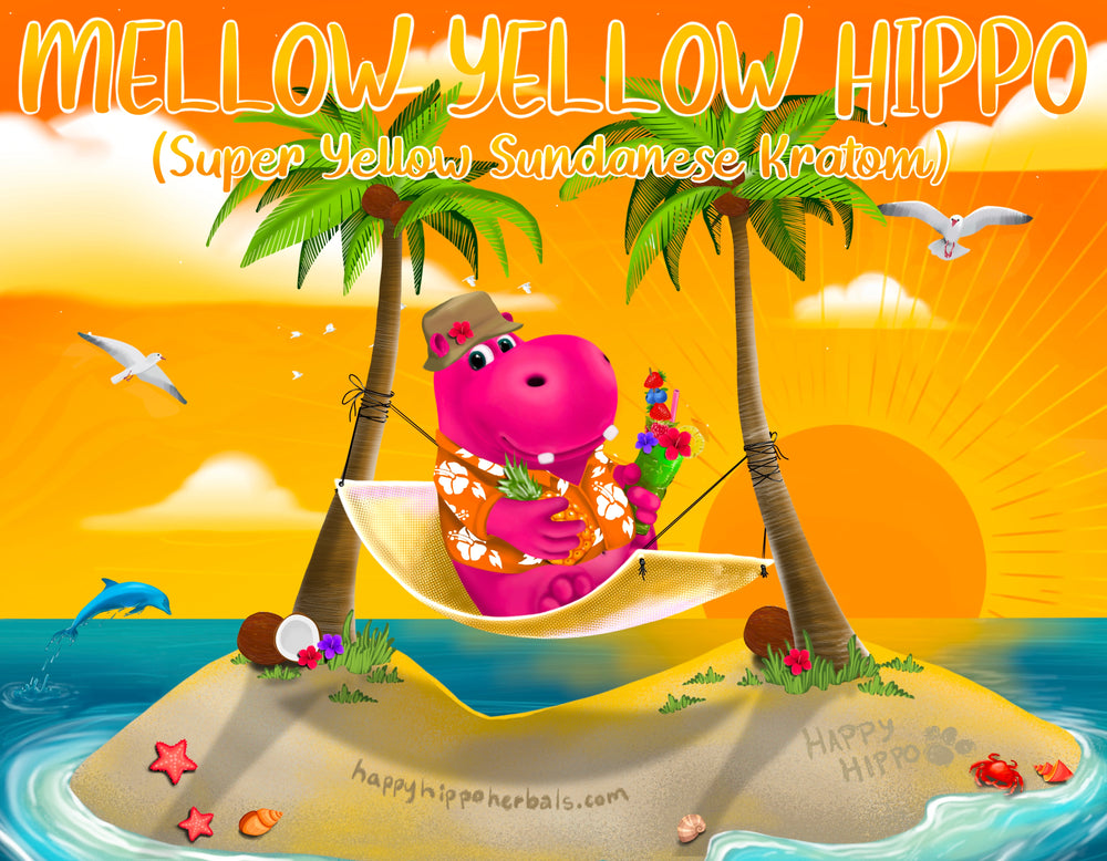 Graphic designed image depicting Puddles the Hippo laying in a hammock and feeling the relaxed body and happy mind effects of drinking a tall glass of kratom tea made from Yellow Sundanese Kratom Powder (Mellow Yellow Hippo)