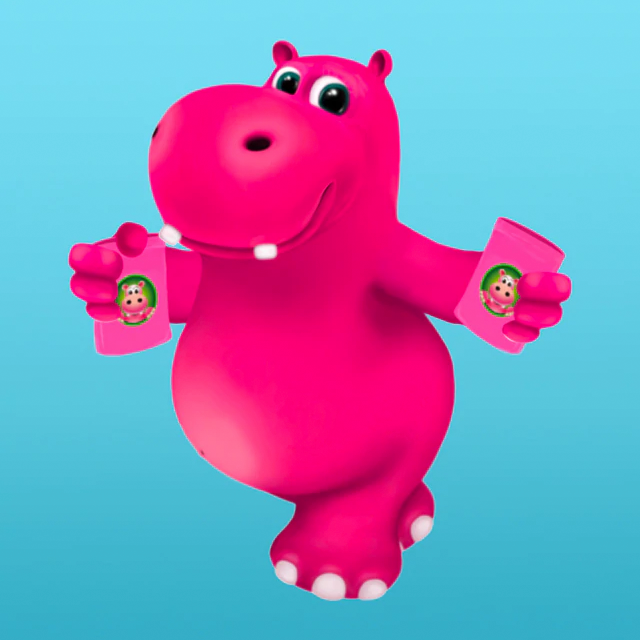 Puddles the Hippo character walking with a big smile on his face, and holding two packets of Happy Hippo branded kratom powder! The image promotes Moderate Speed Kratom Strains!