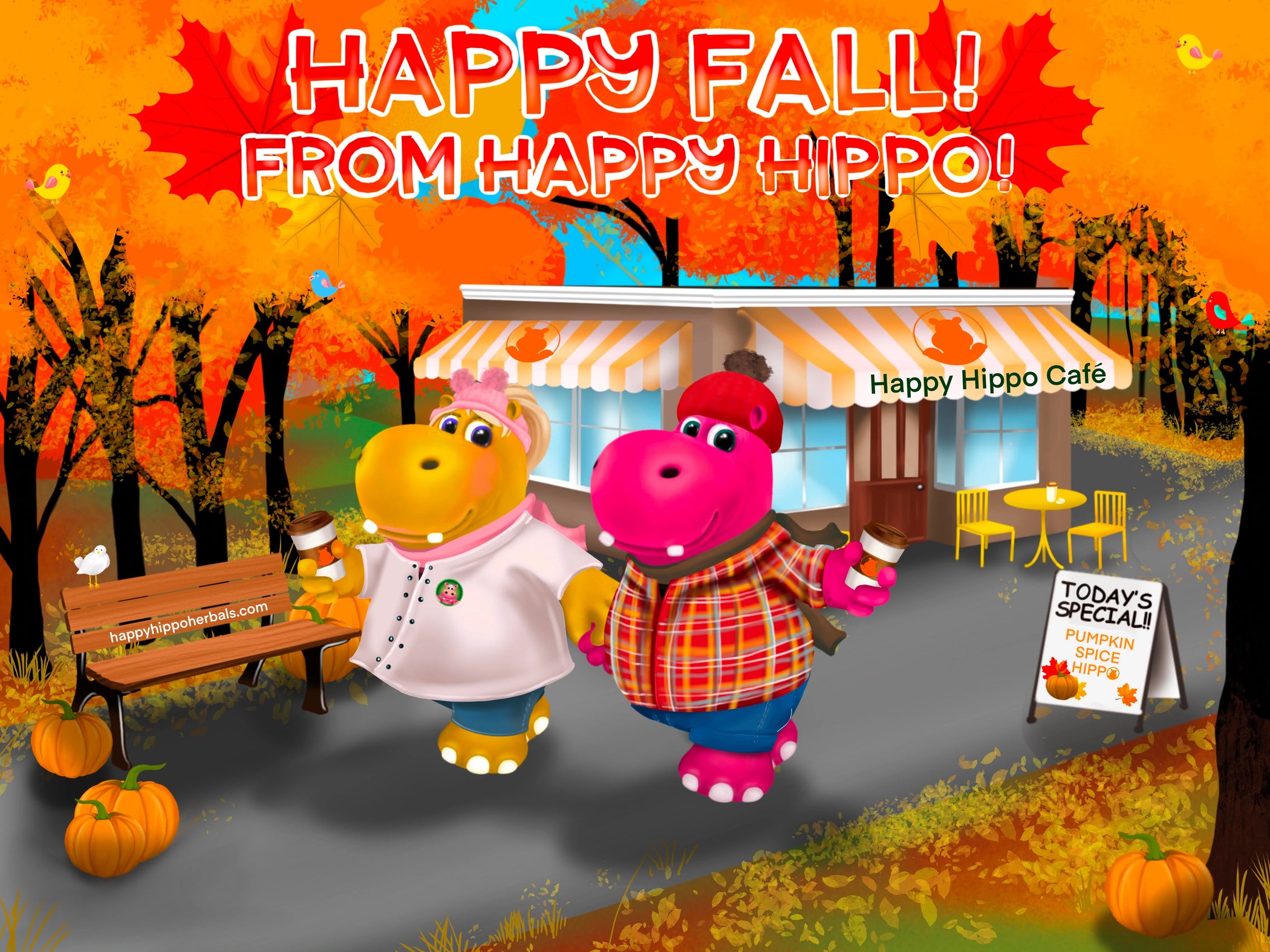 Graphic Designed image depicting Puddles and Bubbles the Hippo characters enjoying the fall scenery along a walking path, and enjoying large cups of Happy Hippo brand kratom tea, made from the world's best kratom powder.