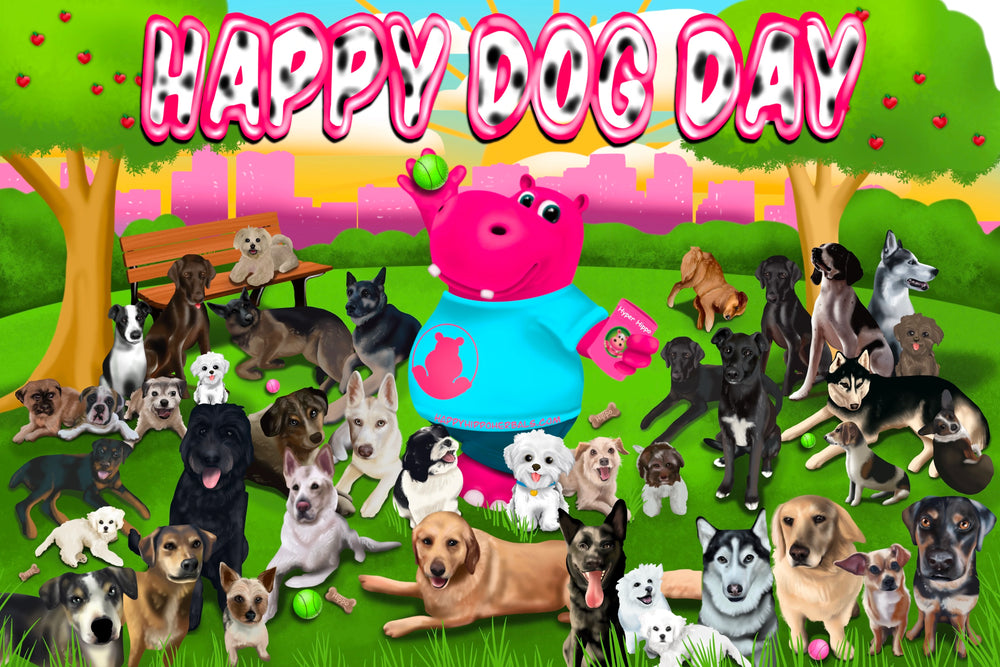 Graphic Designed image depicting Puddles the Hippo down at the park with an entourage of dog friends and enjoying Happy Dog Day. Puddles holds a packet of Happy Hippo branded kratom powder.