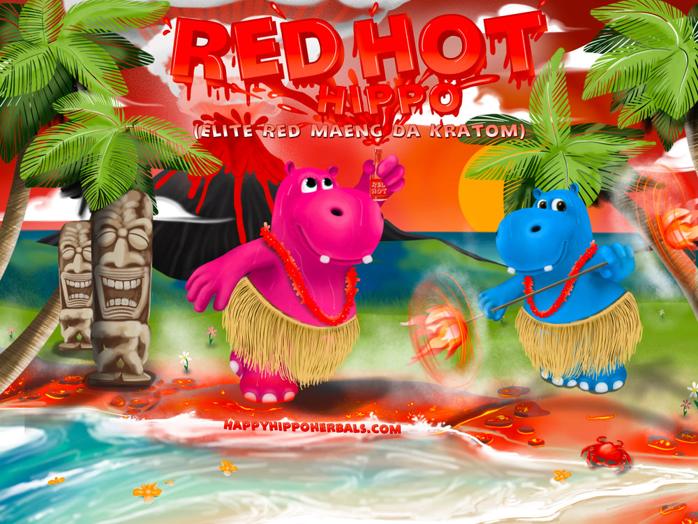 Graphic Designed image depicting Puddles the Hippo wearing a grass skirt using Red Maeng Da Kratom Powder (Red Hot Hippo), while feeling pro social kratom effects and a joyful spirit while participating in a cultural dance on a tropical island