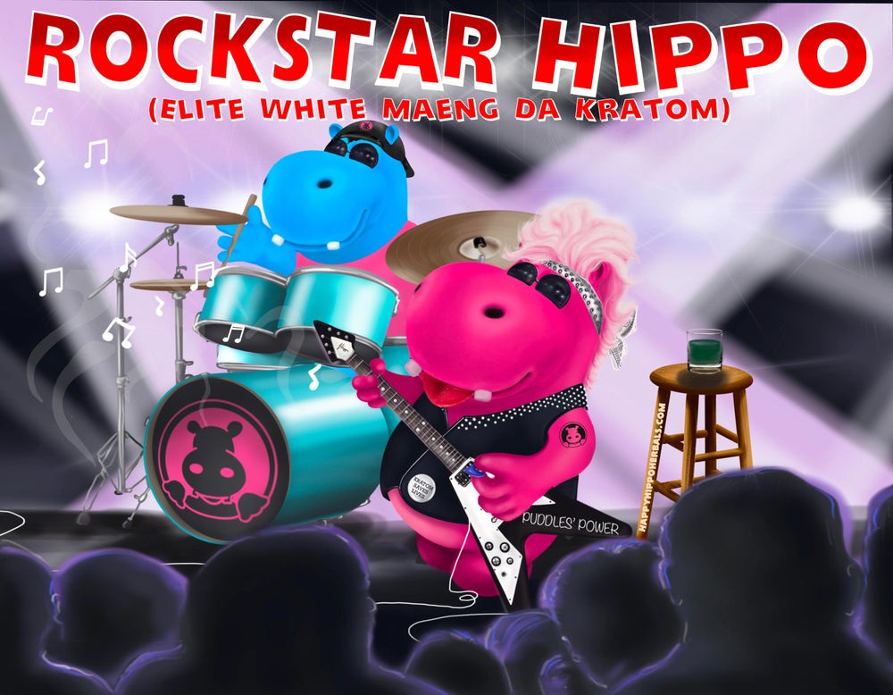 Graphic Designed image depicting Puddles the Hippo with a mohawk and guitar using White Maeng Da Kratom Powder (Rockstar Hippo), while feeling Super Energy kratom effects and playing in a rock band