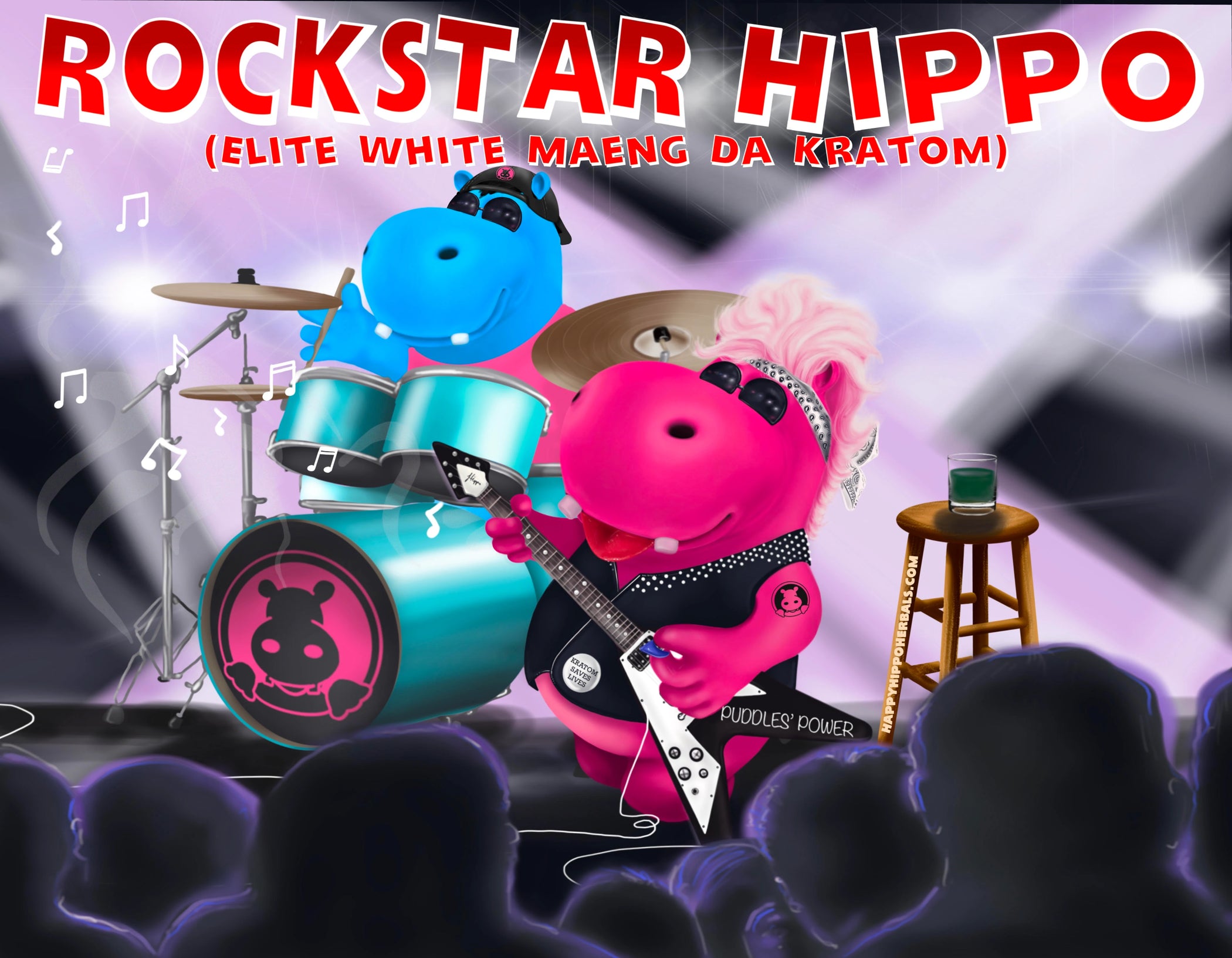 Graphic Designed image depicting Puddles the Hippo with a mohawk and guitar using White Maeng Da Kratom Powder (Rockstar Hippo), while feeling Super Energy kratom effects and playing in a rock band