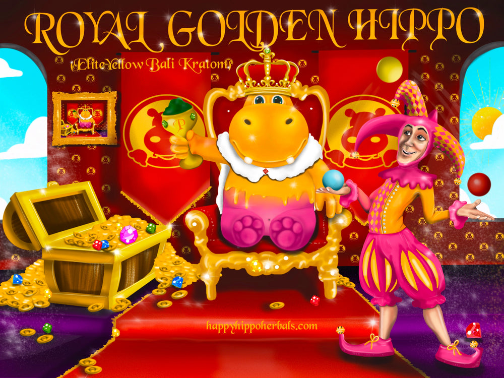 Graphic designed image depicting Puddles the Hippo sitting on a royal throne holding a goblet of Yellow Bali Kratom Powder (Royal Golden)
