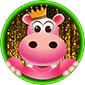 Forum avatar depicting pink hippo character wearing a royal crown, and standing in front of a gold curtain!