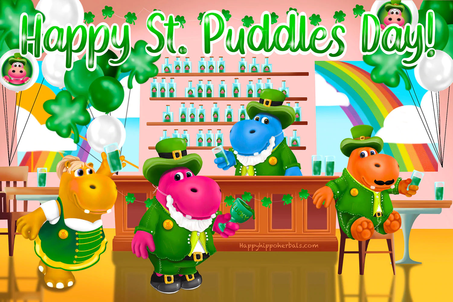 Graphic Designed image depicting Puddles and Bubbles the Hippo characters celebrating St. Patrick's Day with a few hippo friends at an Irish pub! Everyone is enjoying a glass of Happy Hippo brand kratom tea