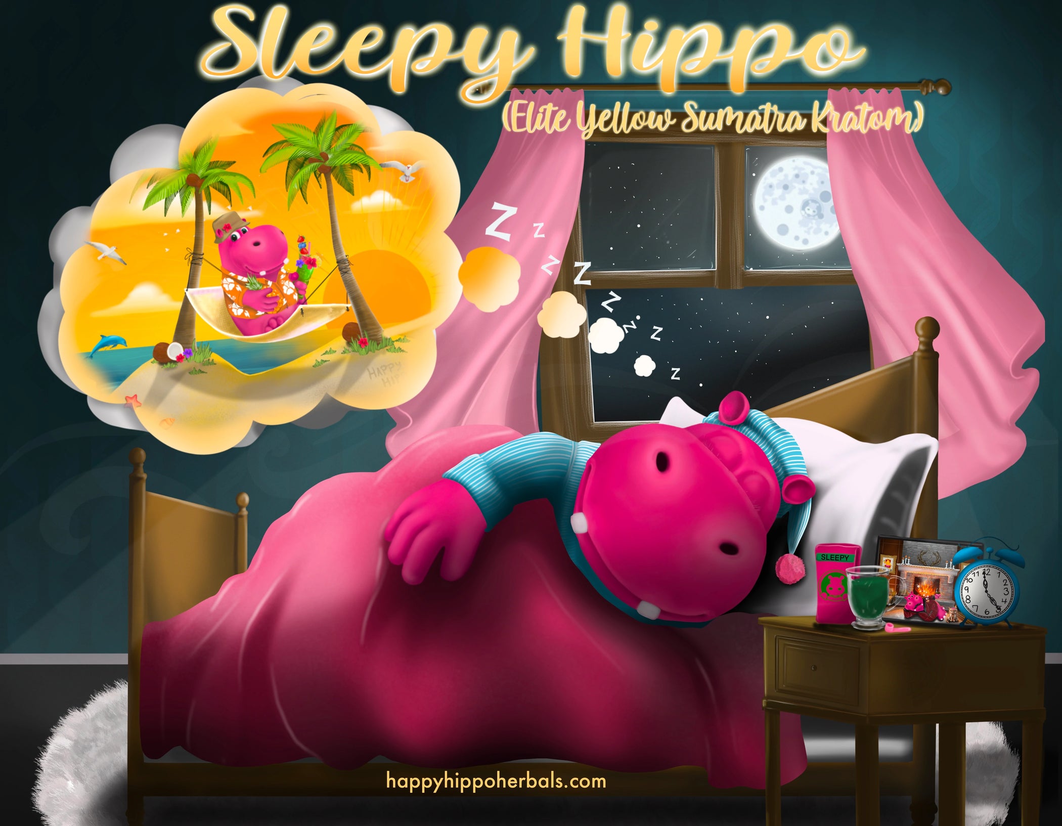 Graphic designed image depicting Puddles the Hippo gettings restful sleep while dreaming of a tropical beach and feeling the relaxed body effects after drinking a glass of kratom tea made from Yellow Sumatra Kratom Powder (Sleepy Hippo)