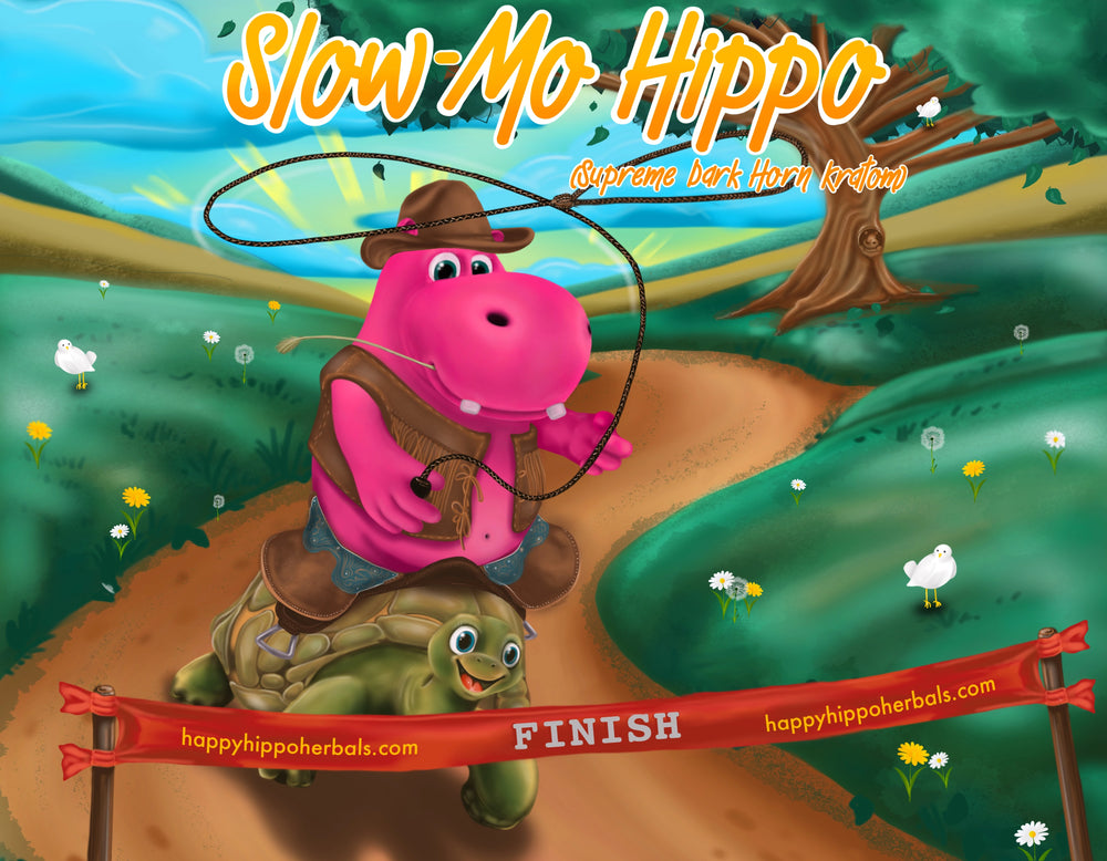 Graphic Designed image depicting Puddles the Hippo riding a tortoise to the finish line, while feeling the calm mentality of Supreme Dark Horn Kratom Powder (Slow-Mo Hippo)