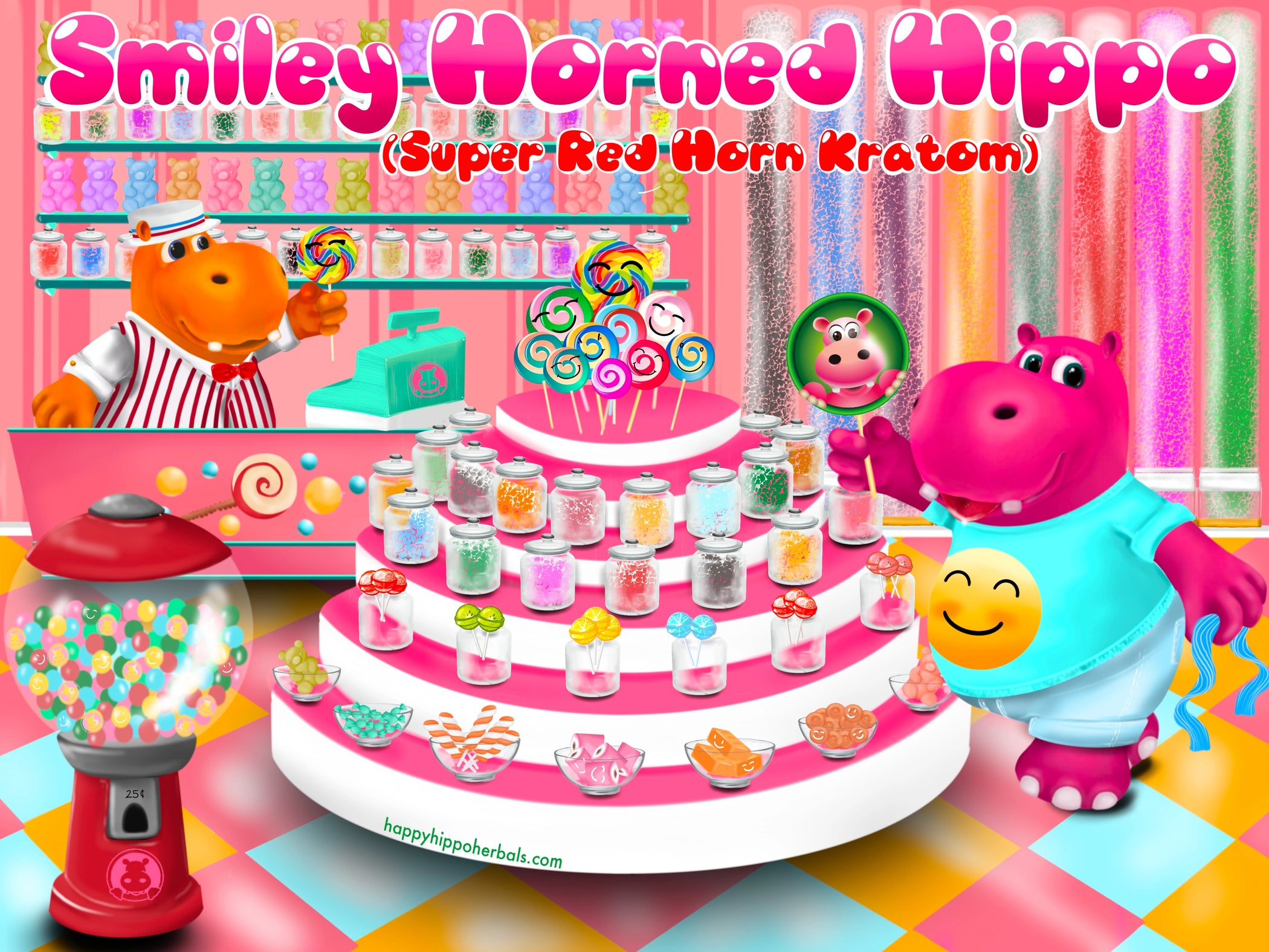 Graphic Designed image depicting Puddles the Hippo in a candy shop, selecting a Happy Hippo brand product, while using red horn kratom powder (Smiley Horned Hippo) 