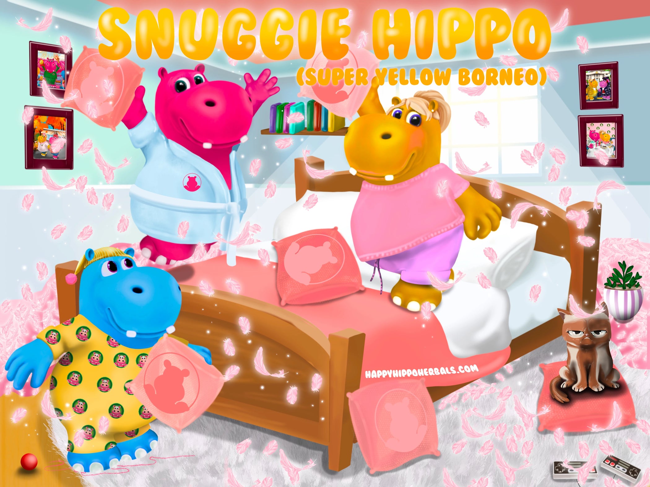 Graphic designed image depicting Puddles the Hippo having a pillow-fight with a couple of hippo friends while using Yellow Borneo Kratom Powder (Snuggie Hippo)