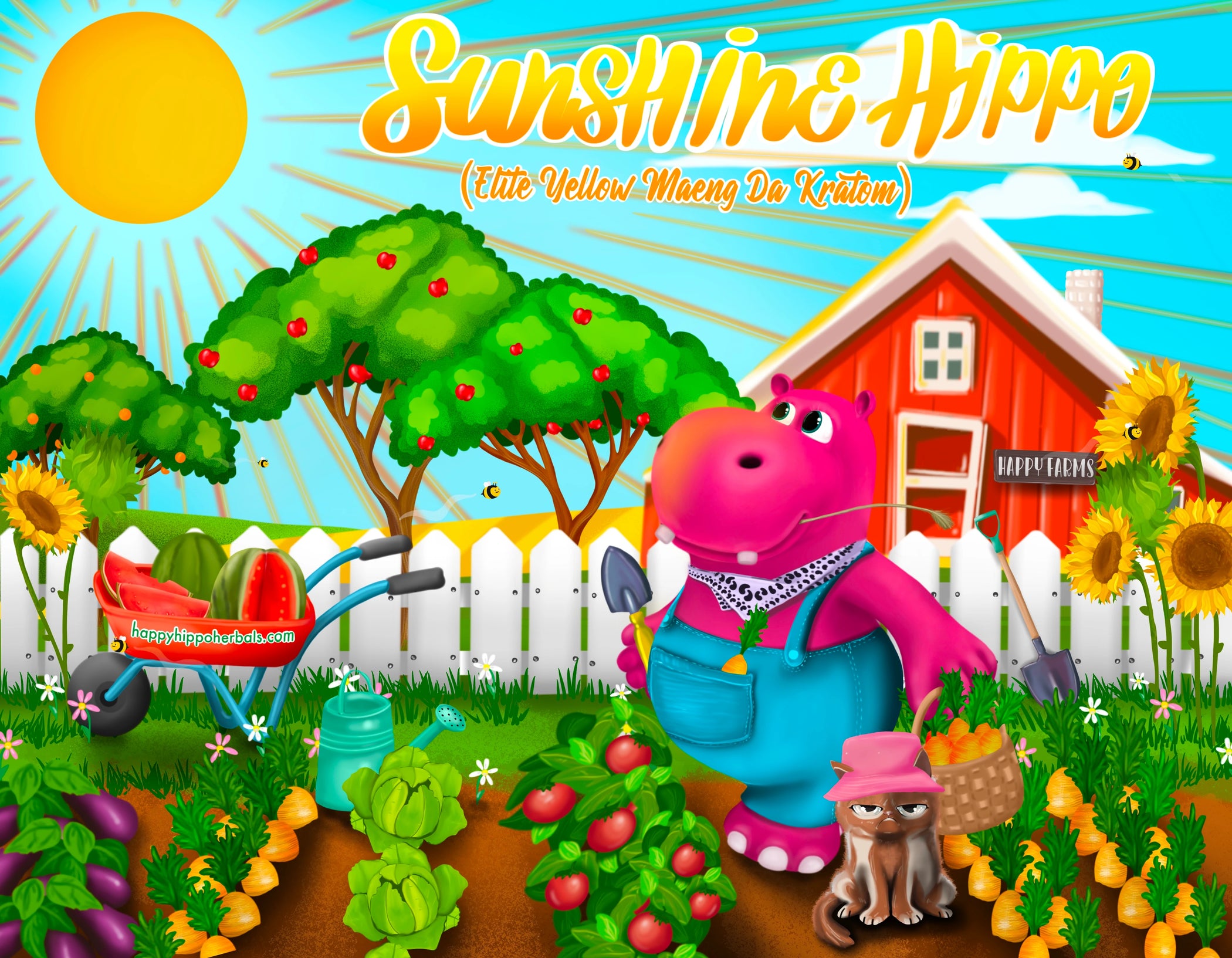 Graphic Designed image depicting Puddles the Hippo wearing overalls while using Yellow Maeng Da Kratom Powder (Sunshine Hippo), while feeling the joyful spirit kratom effects and tending to his garden in the bright sunshine