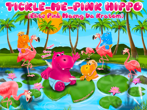 Graphic Designed image depicting Puddles the Hippo being tickled by a cadre of admirers while using pink maeng da kratom powder (Tickle Me Pink Hippo)