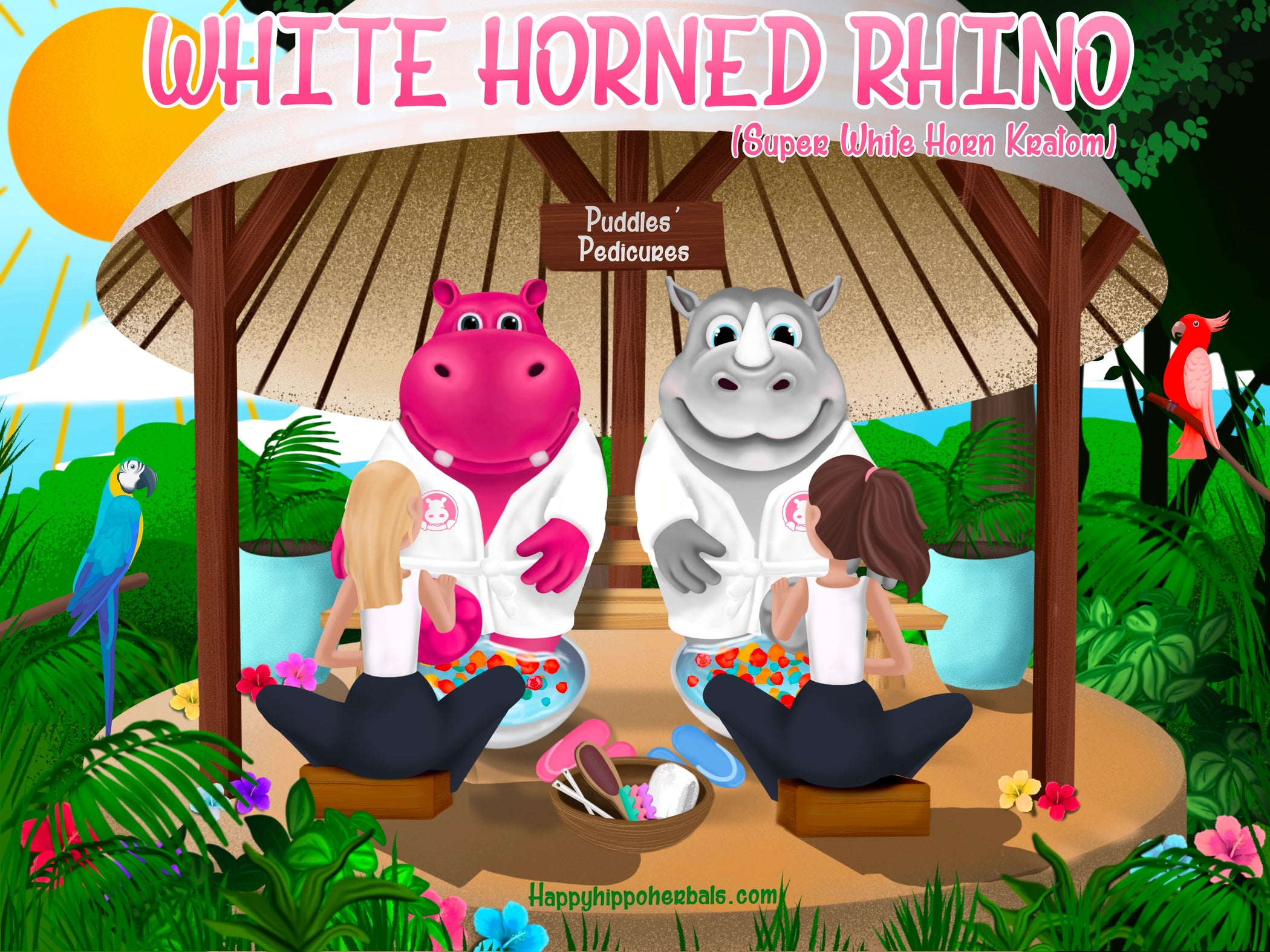 Graphic designed image depicting Puddles the Hippo getting pedicures with a rhinoceros friend while promoting White Horn Kratom Powder (White Horn Hippo)