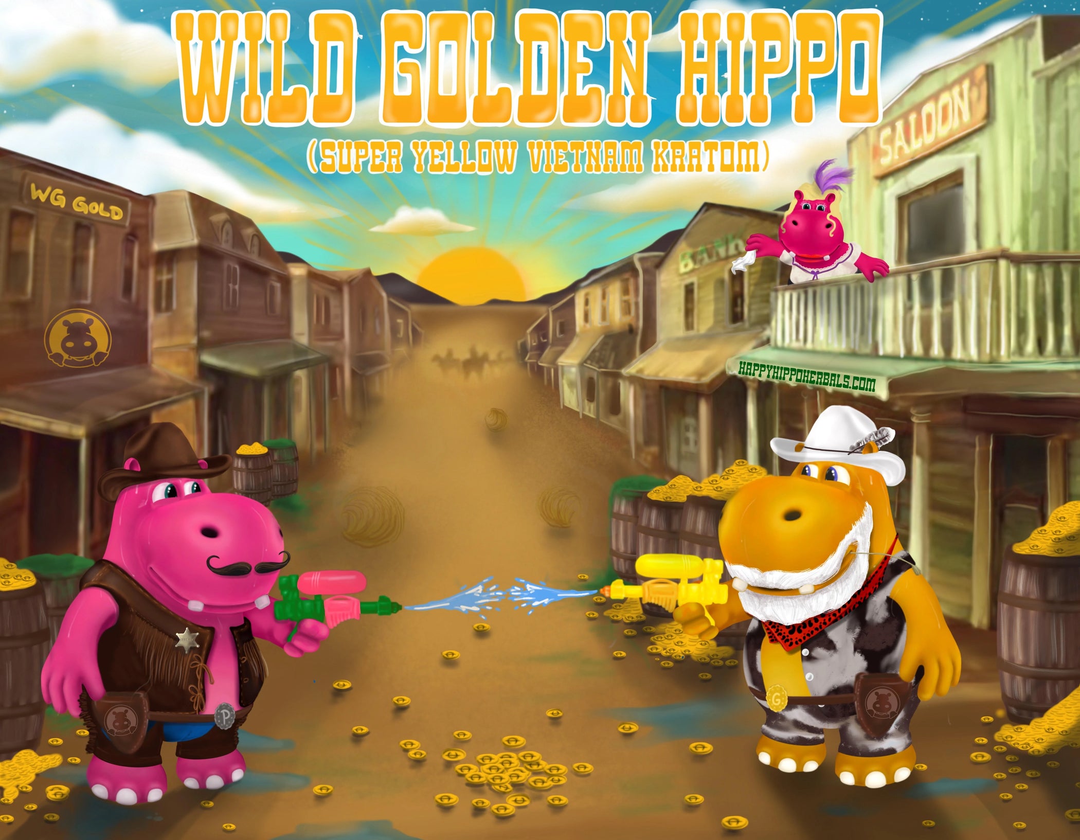 Graphic Designed image depicting Puddles the Hippo in a squirt-gun showdown on the main street of an old-west town, while feeling the joyful spirit effects of Yellow Vietnam Kratom Powder (Wild Golden Hippo) 