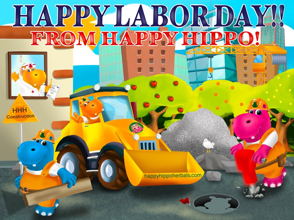 Graphic Designed image depicting Puddles the Hippo character and a few hippo friends celebrating Labor Day while enjoying a cup of kratom for energy and doing heavy construction work on the street.