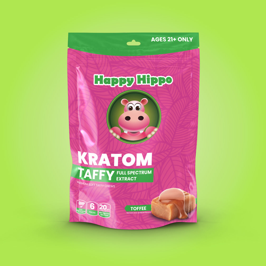 Product Image depicting a bag of Happy Hippo brand Full Spectrum Kratom Extract Taffy Chews (Toffee Flavor). 6 Taffy Chews per bag.