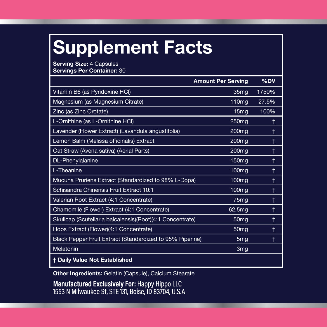 Infographic Botanical Facts for Happy Hippo Sleepytime Natural Sleep Aid Capsules (Hippo Bedtime Formula). Serving size, 4 capsules. 30 servings per container.