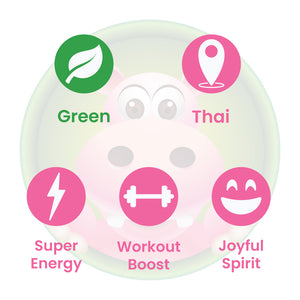 Infographic Details for Happy Hippo Green Vein Thai Kratom Powder. Leaf color: Green Vein. Kratom Strain Origin: Thai. Kratom Effects resonate with Super Energy, Workout Boost, and Joyful Spirit.