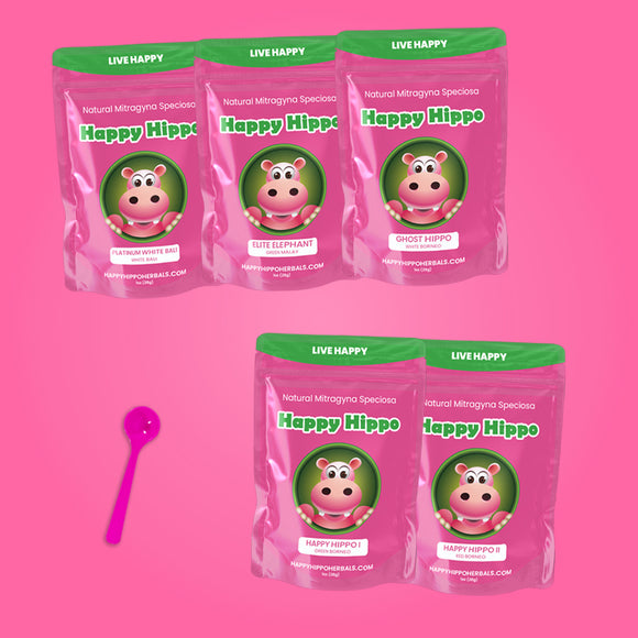 Featured image depicting product renders of  the Moderate Speed Kratom Strain Bundle, which includes; Platinum White Bali, Green Malay, White Borneo, Green Borneo, and Red Borneo kratom strains, on a pink background. A 1-gram little pink measuring scoop sits next to the products.