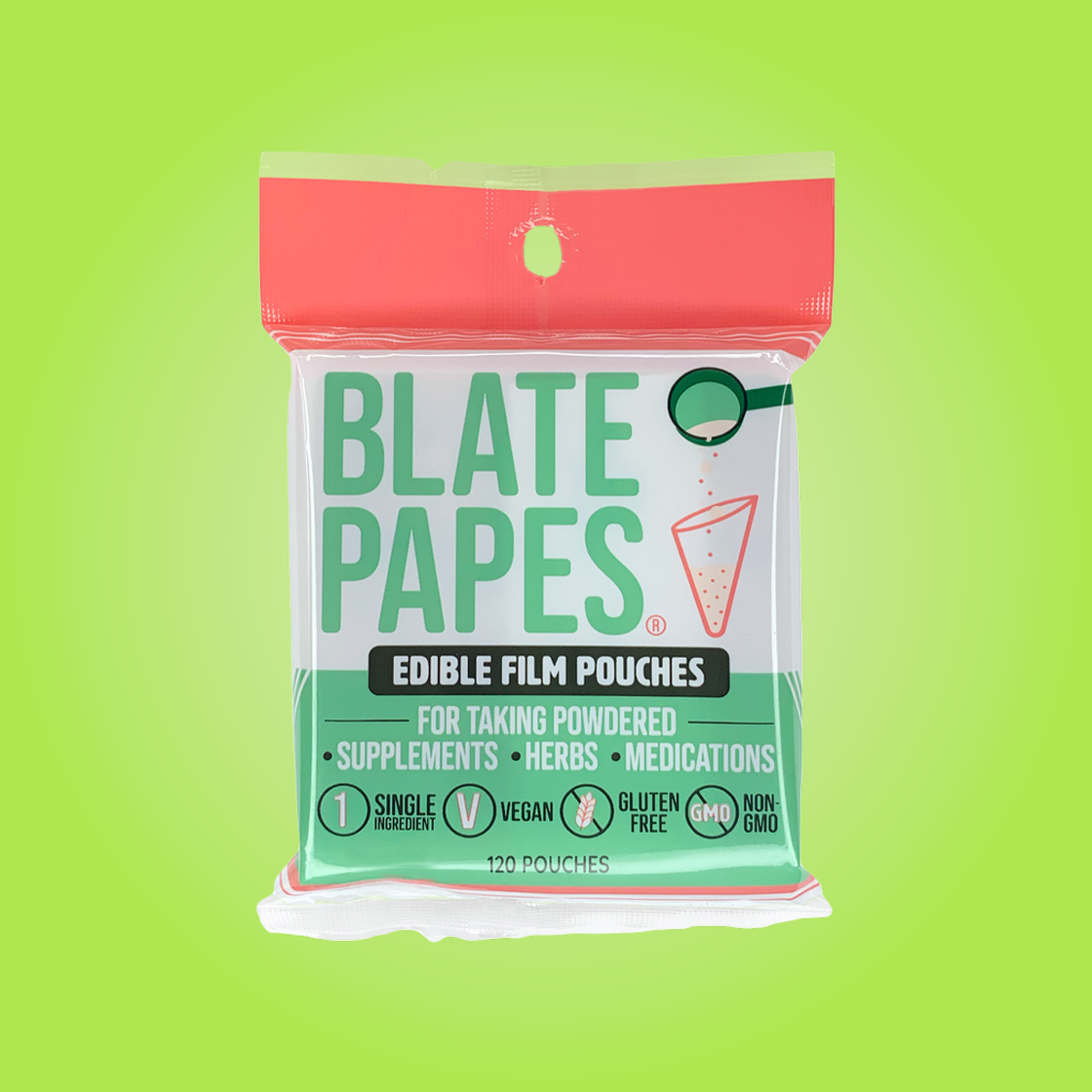 Featured image depicting a branded packet of Blate Papes, Edible Film Pouches for powdered kratom and other botanical supplements. 120 pouches per packet.