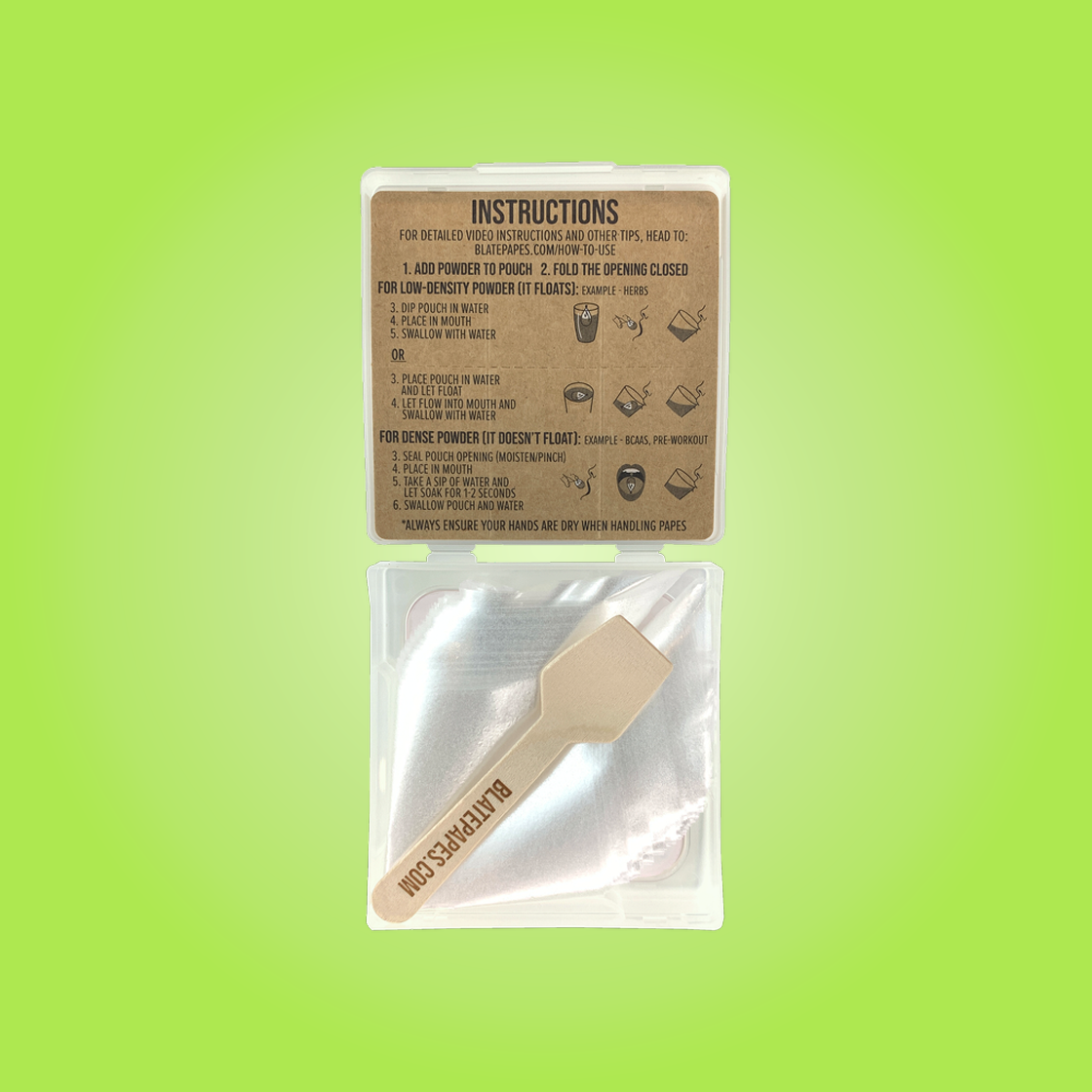 Featured image depicting the instruction panel inside of the packet of Blate Papes, Edible Film Pouches. Includes a wooden measuring spoon.