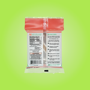 Photographic image depicting the back of a branded, Blate Papes: Edible Film Pouches packet, displaying the nutritional facts panel for a single serving edible film pouch.