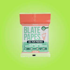 Featured image depicting a branded packet of Blate Papes, Edible Film Pouches for powdered kratom and other botanical supplements. 20 pouches per packet.