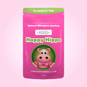 Product Image depicting a 1oz bag of Happy Hippo Blended Green Maeng Da and Red Horn Kratom Powder (Mitragyna Speciosa).