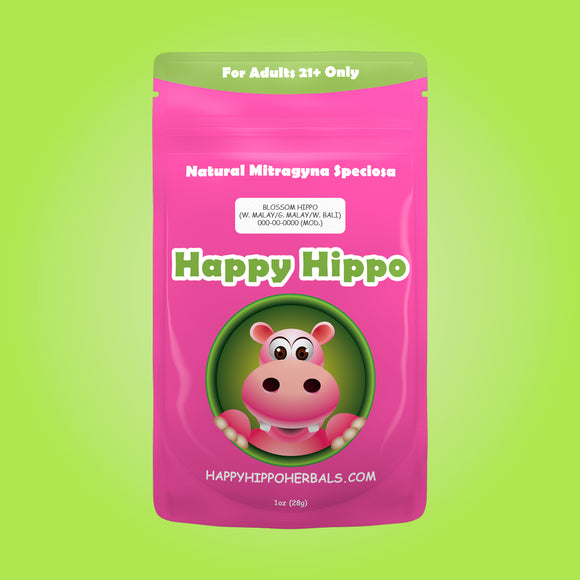 Product Image depicting a 1oz bag of Happy Hippo Blended White Malay, Green Malay, and White Bali Kratom Powder (Mitragyna Speciosa).