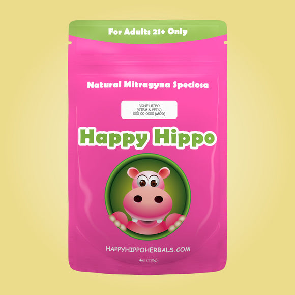Product Image depicting a 4oz bag of Happy Hippo Stem and Vein Kratom Powder (Mitragyna Speciosa) to reset kratom tolerance.