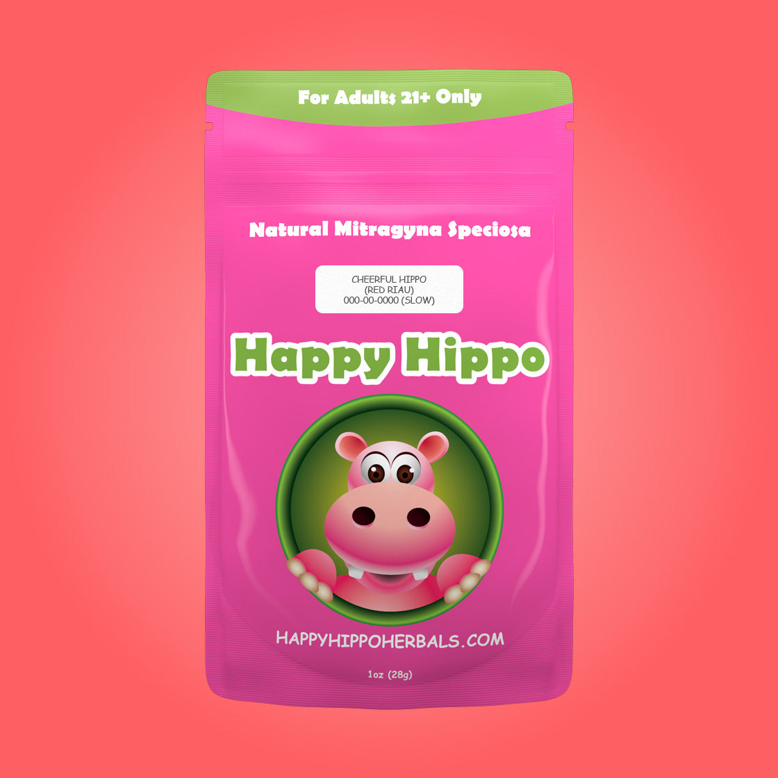 Product Image depicting a 1oz bag of Happy Hippo Red Vein Riau Kratom Powder (Mitragyna Speciosa).