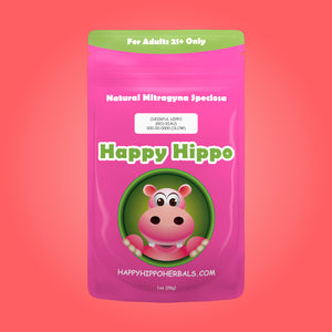 Product Image depicting a 1oz bag of Happy Hippo Red Vein Riau Kratom Powder (Mitragyna Speciosa).