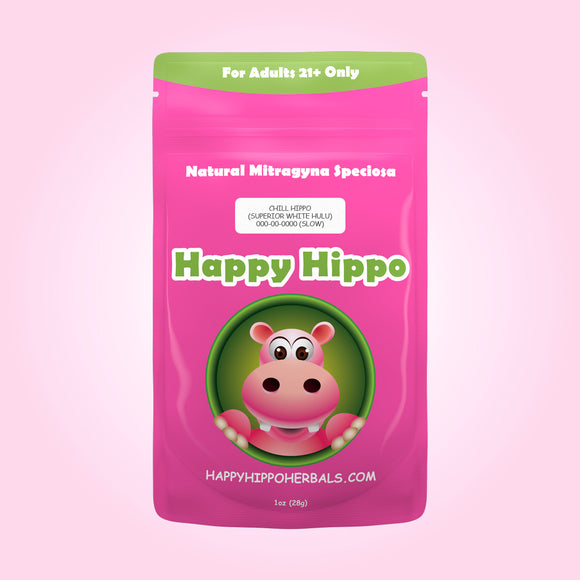 Product Image depicting a 1oz bag of Happy Hippo White Vein Hulu Kratom Powder (Mitragyna Speciosa).