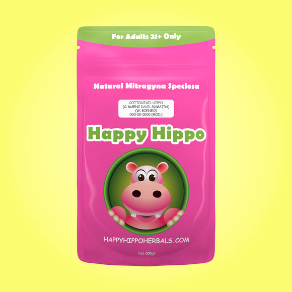 Product Image depicting a 1oz bag of Happy Hippo Green Vein Maeng Da, Green Sumatra, White Borneo  Blended Kratom Powder (Mitragyna Speciosa).