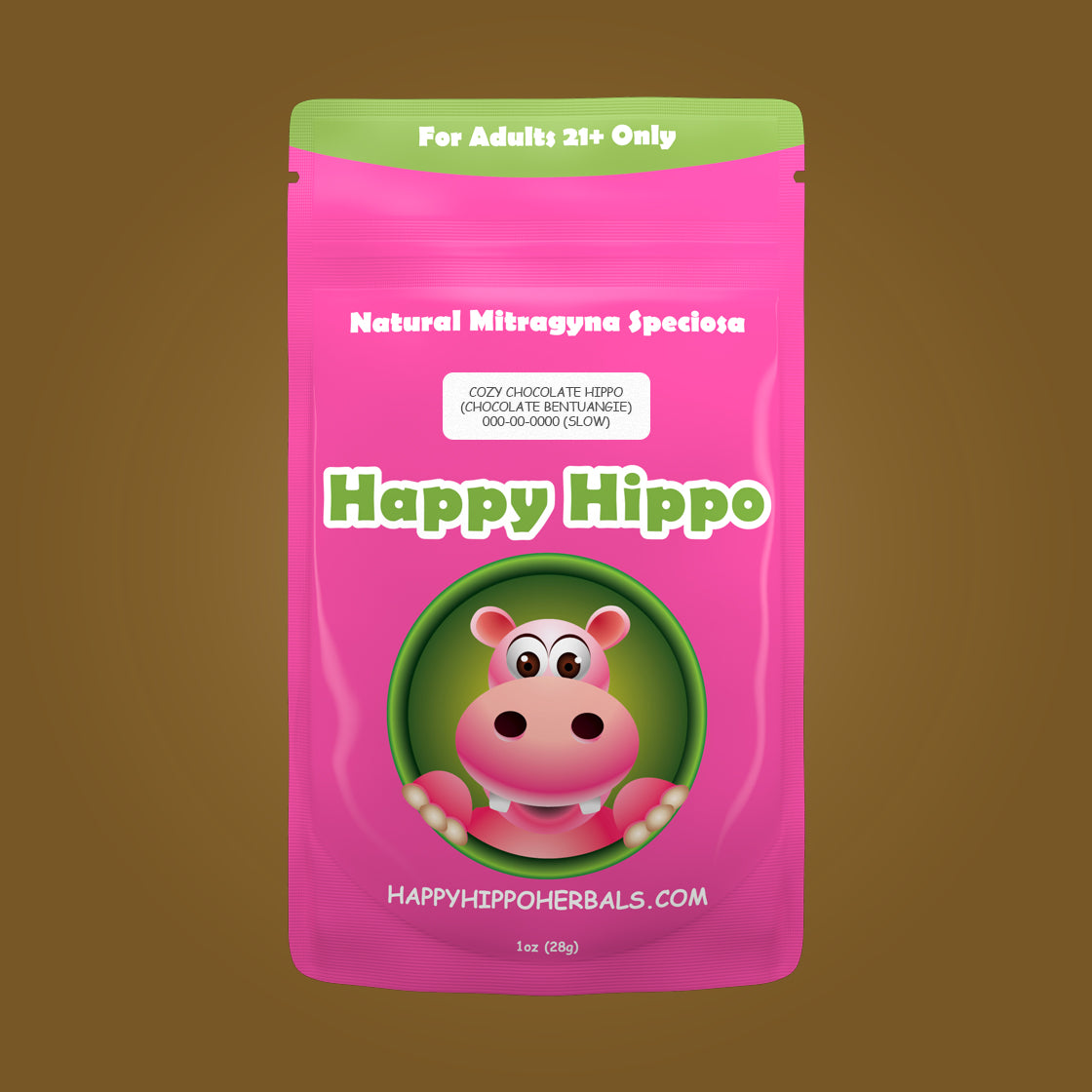 Product Image depicting a 1oz bag of Happy Hippo Chocolate Bentuangie Kratom Powder (Mitragyna Speciosa).