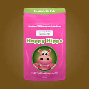 Product Image depicting a 1oz bag of Happy Hippo Chocolate Kratom Powder (Mitragyna Speciosa).